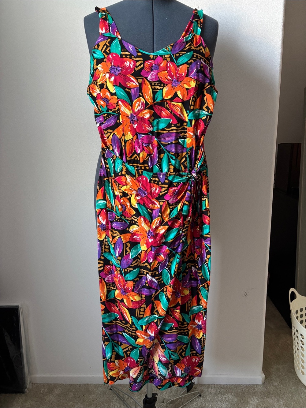Tropical Floral Maxi Dress in Black and Multicolor